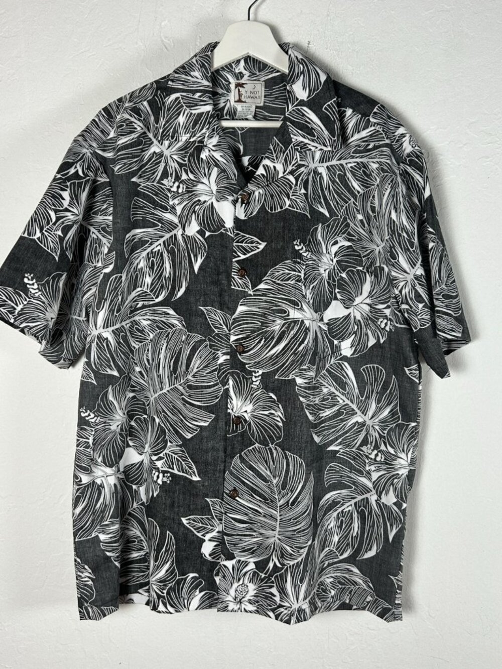 Y Not Hawaii Shirt Mens XL Black White Monstera Hibiscus Aloha Camp Button Up